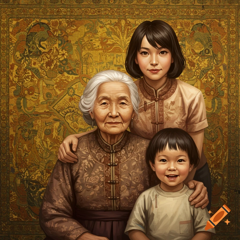 A three-generation portrait of an elderly Asian woman, a younger woman, and a child, against a golden tapestry.