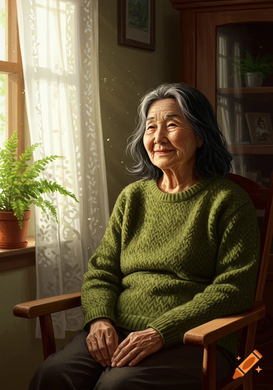 A warm portrait of an elderly Asian woman with grey hair, wearing a green sweater, sitting by a sunlit window and smiling softly.