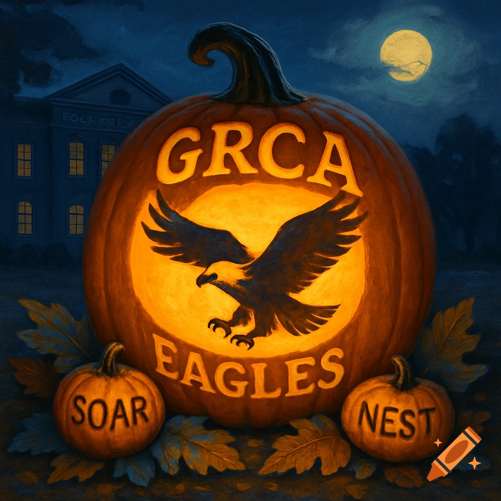 A glowing jack-o'-lantern carved with "GRCA EAGLES" and an eagle silhouette, flanked by two smaller pumpkins labeled "SOAR" and "NEST", set in a nighttime scene with a building and full moon.