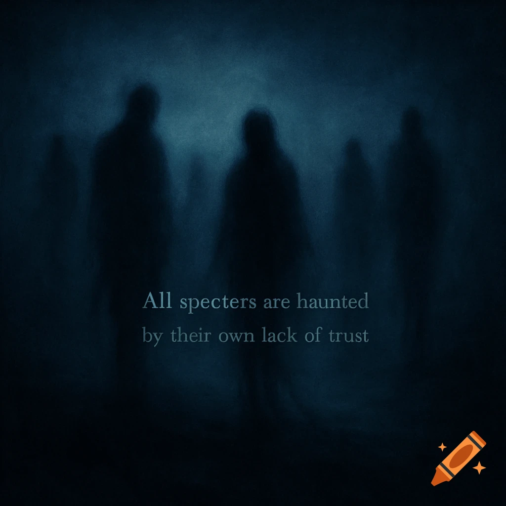 Ghostly silhouettes shrouded in blue mist with the text 'All specters are haunted by their own lack of trust'.