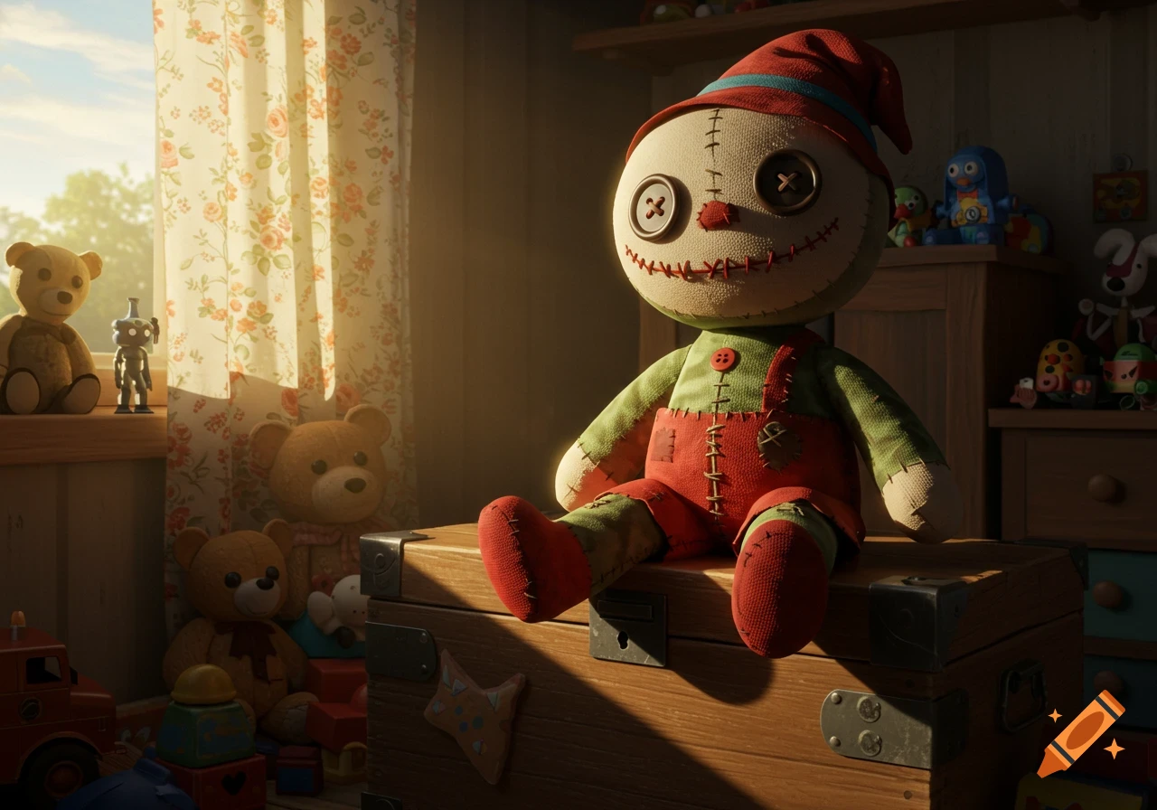 A stylized rag doll with button eyes, stitched smile, and red overalls sits on a wooden chest in a sunny nursery filled with other toys.