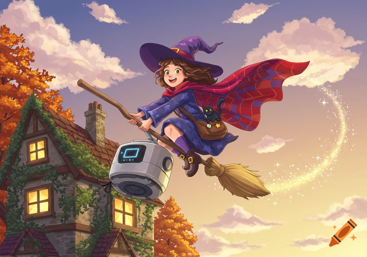Smiling cartoon witch flying on a broom with a robot vacuum and black cat over an autumn house, leaving a trail of magic.