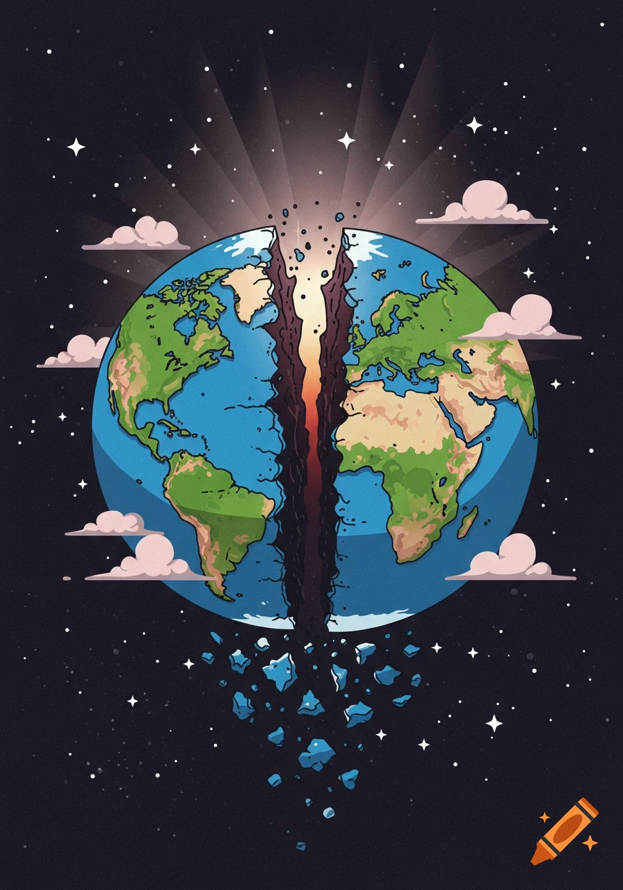 Stylized vector illustration of Earth broken in half with crumbling pieces falling into starry space.