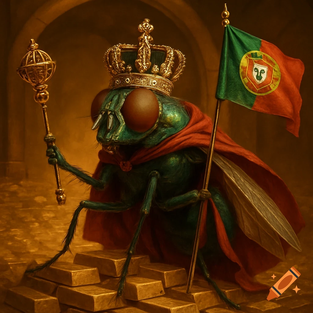 A giant green fly king in a gold crown and red cape stands on gold bars, holding a scepter and the Portuguese flag.
