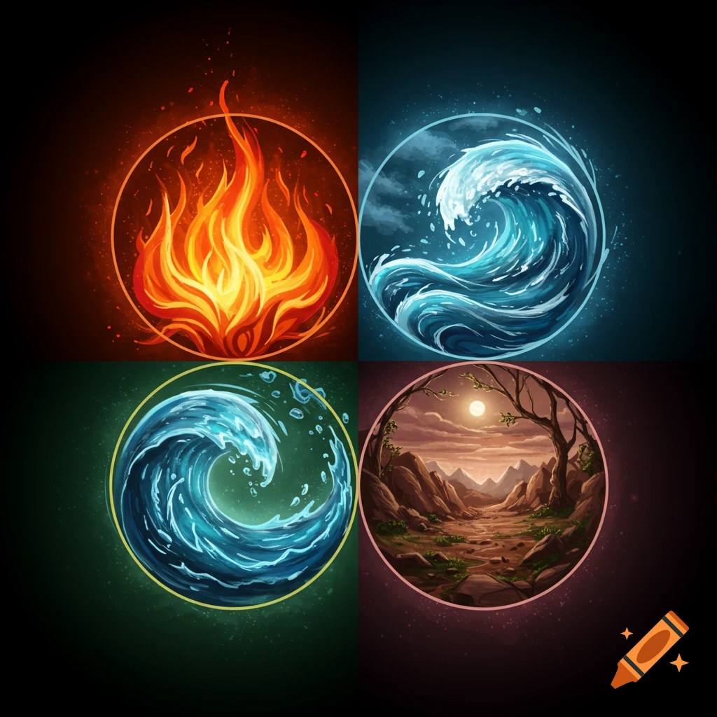 Four circular, illustrative elemental symbols: fire, two water waves, and a mountain landscape.