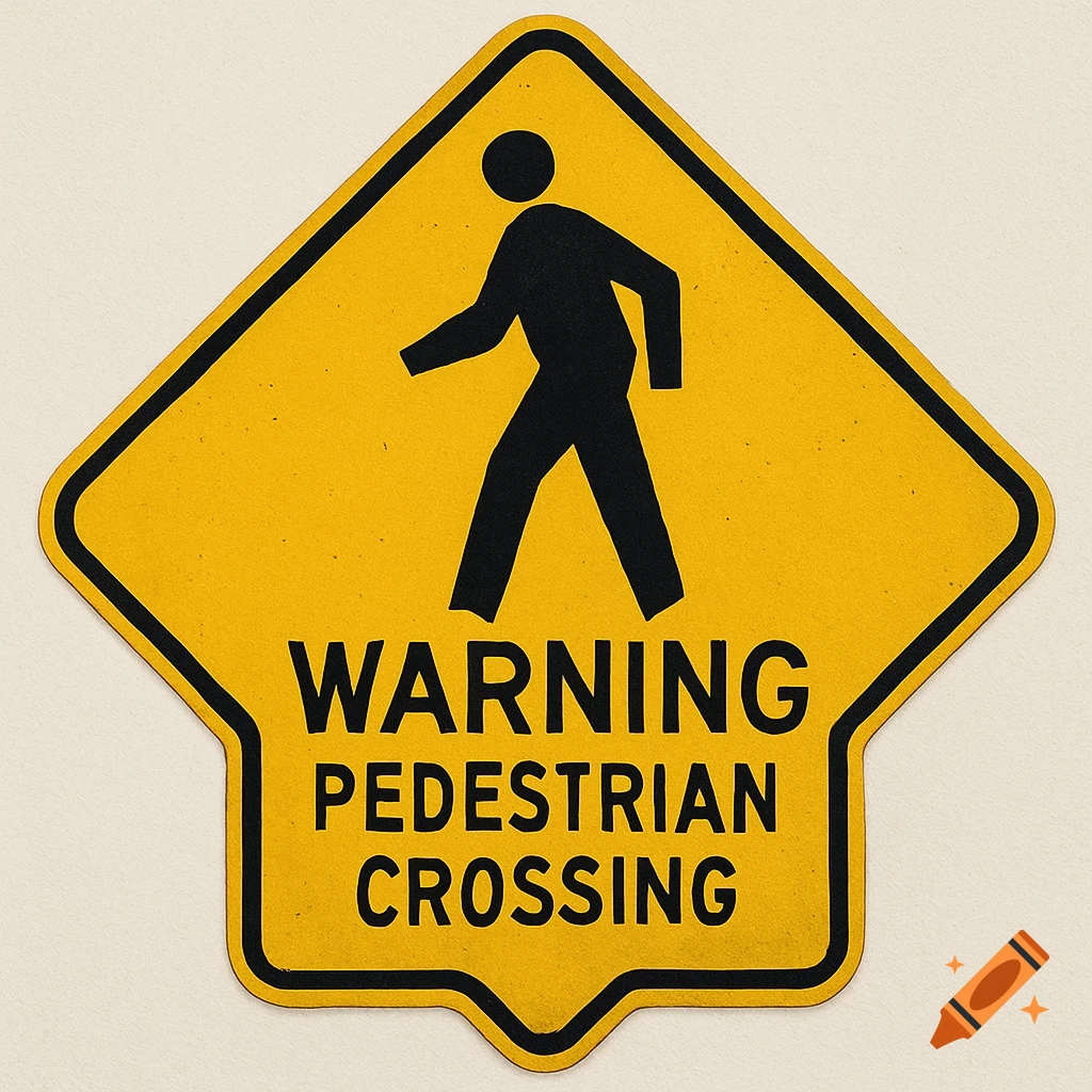 A yellow diamond warning sign with a black pedestrian symbol and the text "WARNING PEDESTRIAN CROSSING".