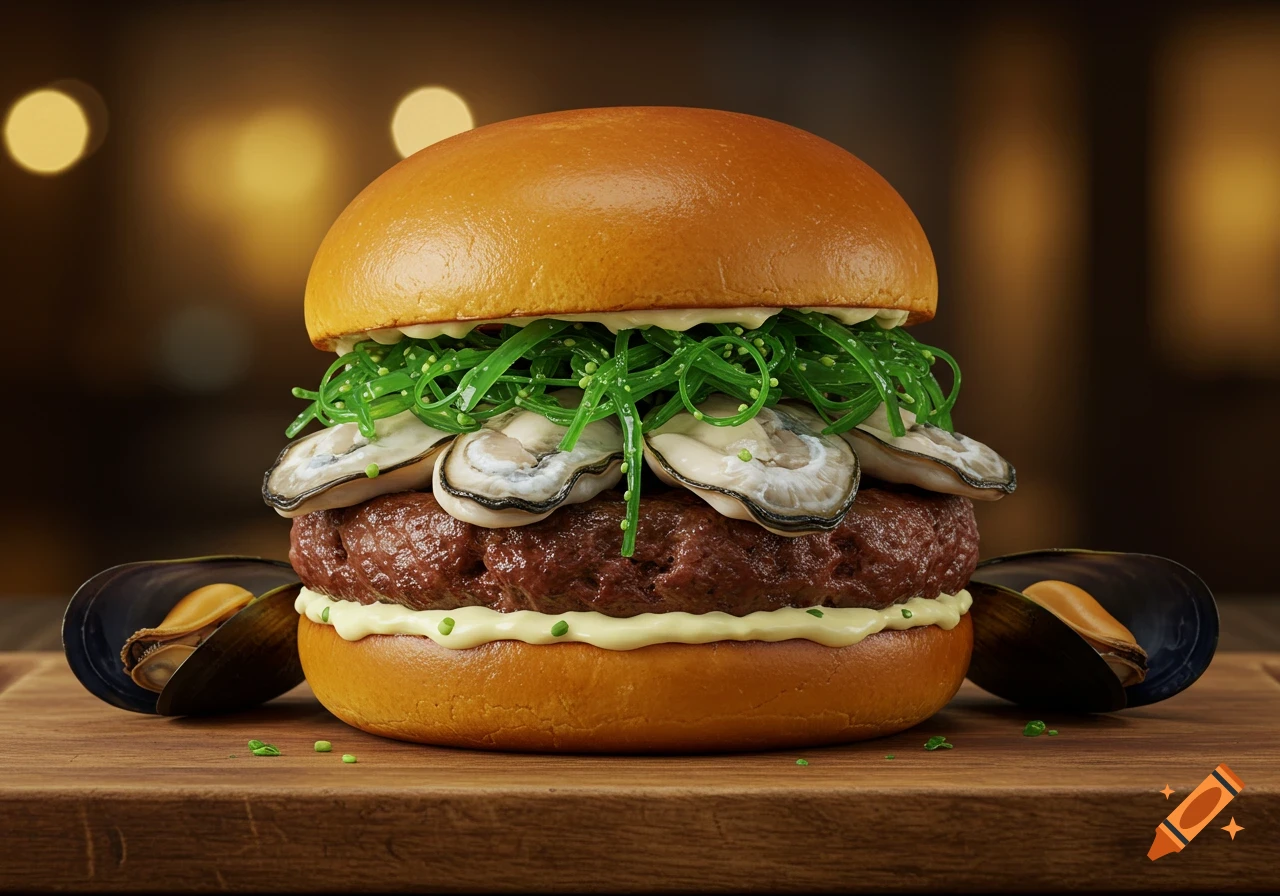 A close-up, photorealistic image of a gourmet burger featuring a patty, multiple oysters, green seaweed, and mayonnaise, served on a bun with two mussels on a wooden cutting board.