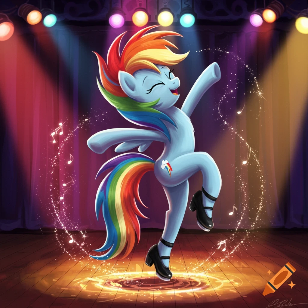 Rainbow Dash from My Little Pony tap dancing on a spotlighted stage, surrounded by musical notes and sparkles.