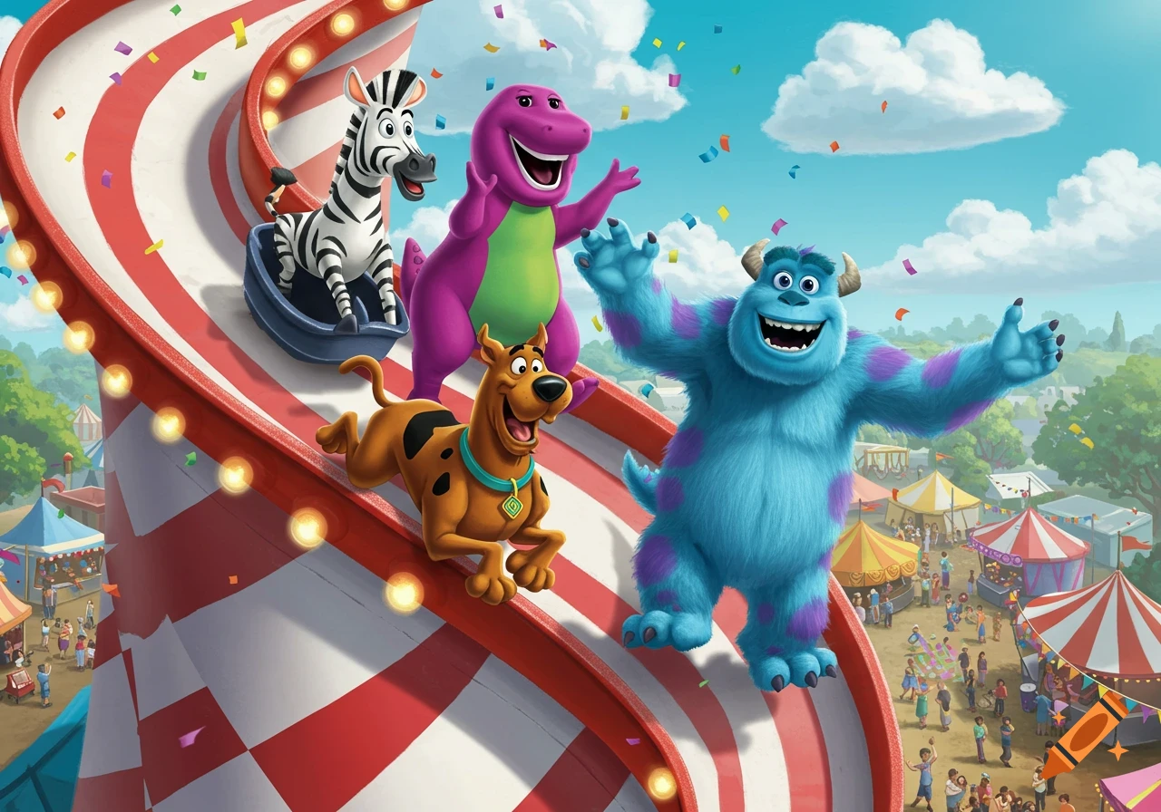 Cartoon characters Scooby Doo, Marty the zebra, Barney, and Sulley sliding down a red and white helter-skelter slide at a bustling fun fair.