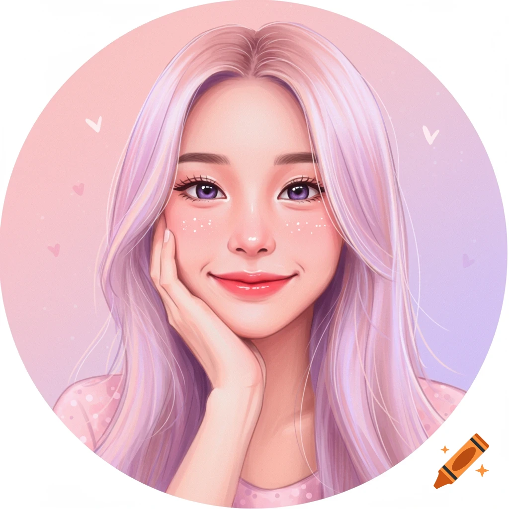 Smiling stylized portrait of a woman with long lavender hair and purple eyes, a hand to her chin, on a pastel background.