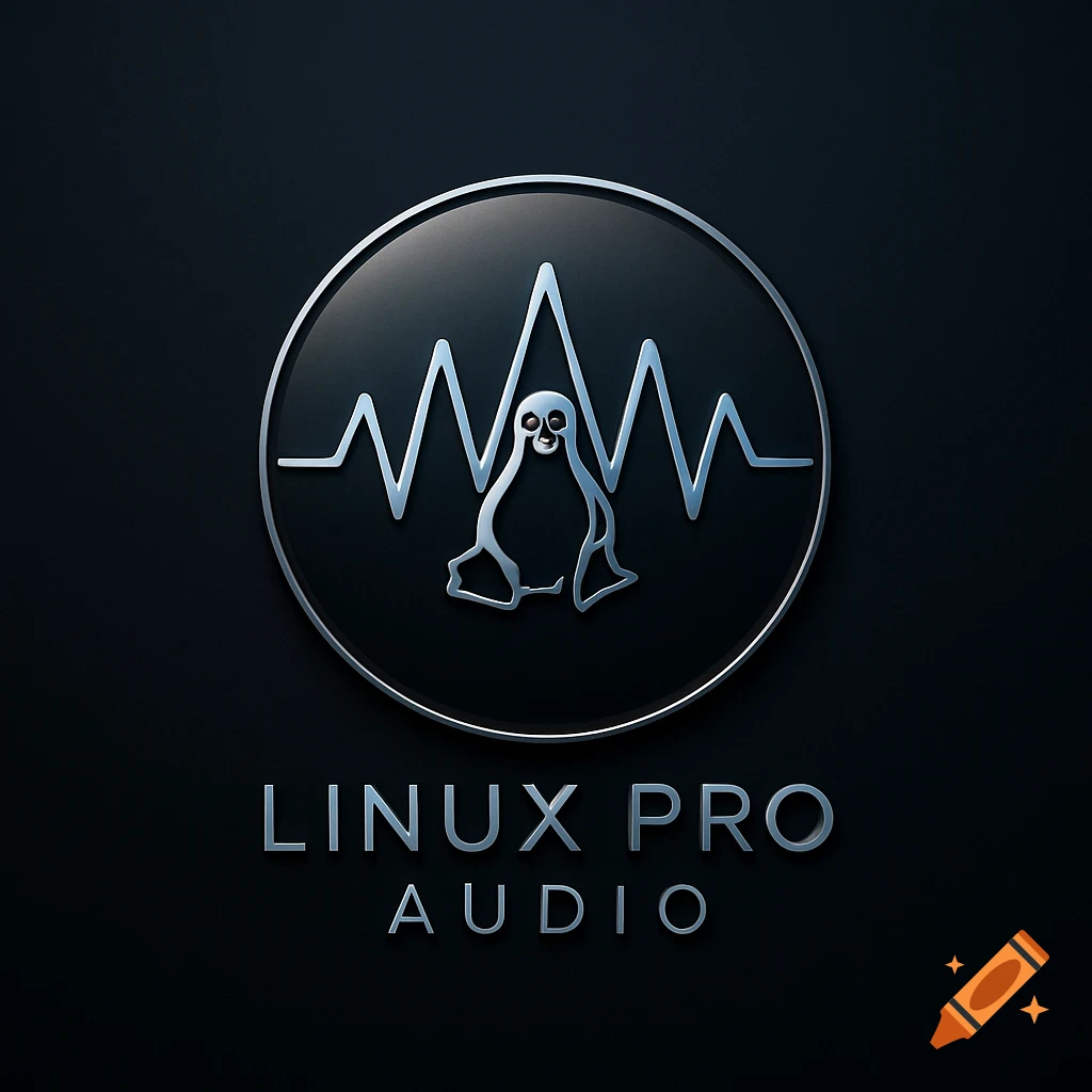A metallic logo for 'Linux Pro Audio' featuring a circular emblem with a skull-headed penguin and a sound wave, on a dark background.