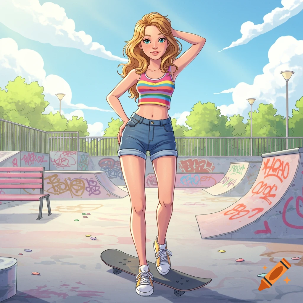 A cheerful cartoon girl stands on a skateboard in a sunny skate park, wearing a striped crop top and denim shorts.