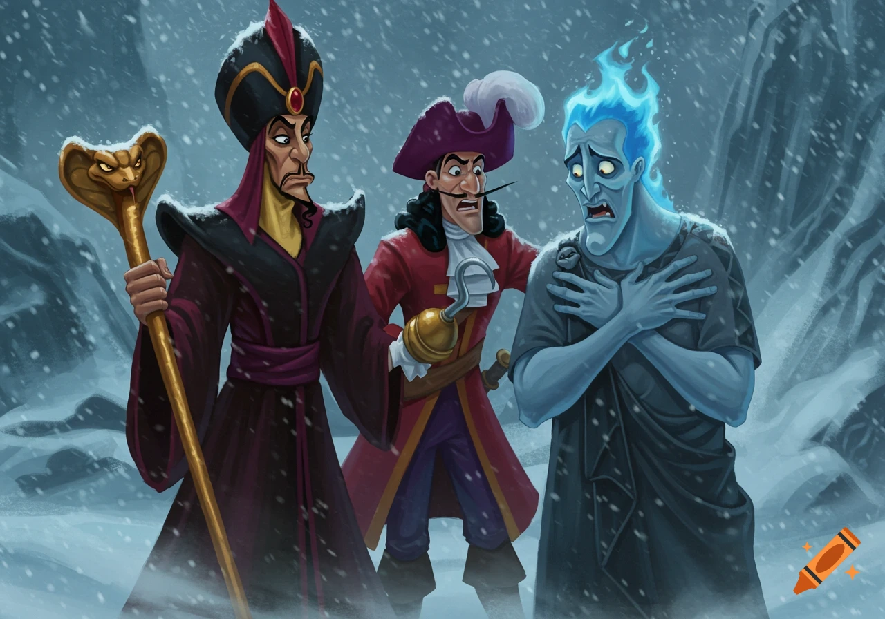 Jafar with his snake staff, Captain Hook, and a shivering Hades huddle together in a snowy landscape, cartoon style.