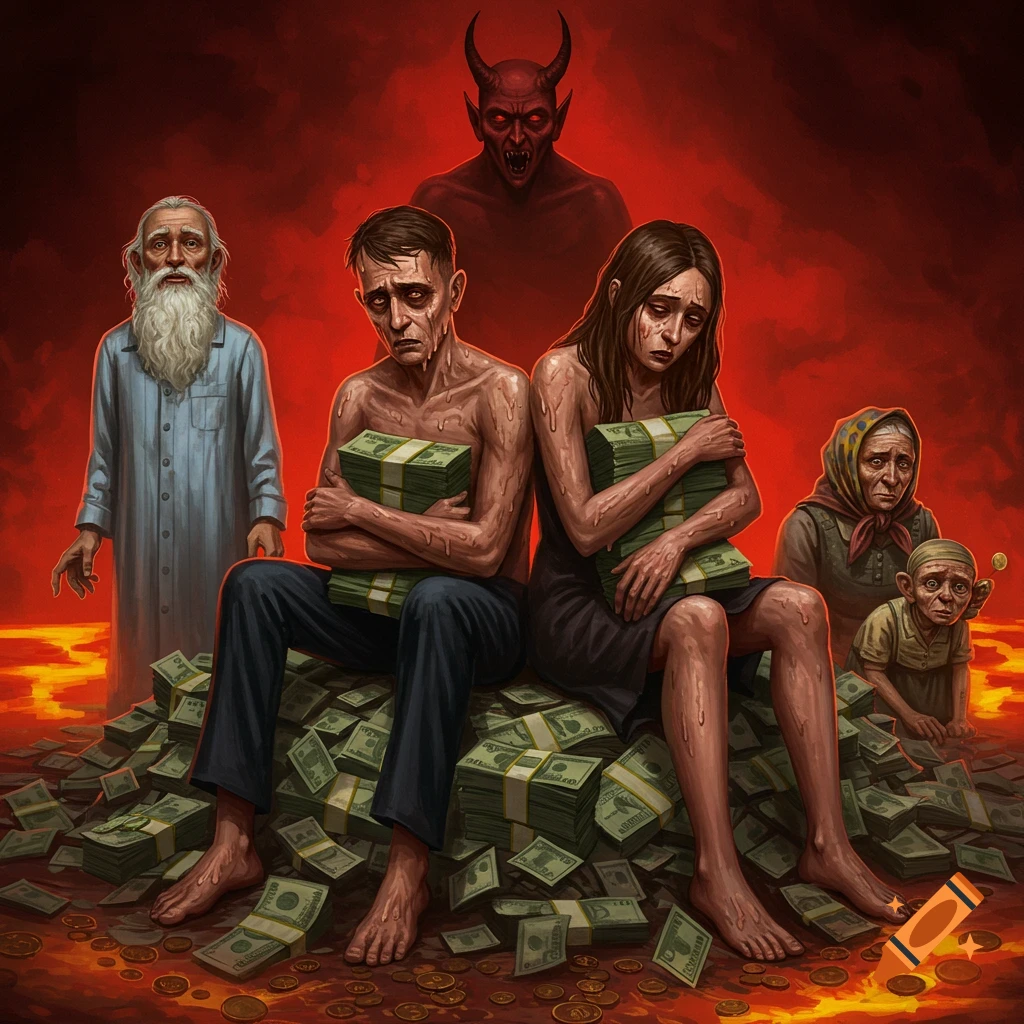 A dark fantasy illustration of a man and woman with melted faces, sitting on a pile of money and embracing cash. A devil looms in a fiery red background, with an old man and an old woman observing.