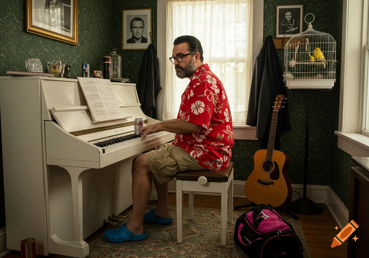 Man in a Hawaiian shirt and shorts plays a white piano in a living room with a canary in a cage and an acoustic guitar.