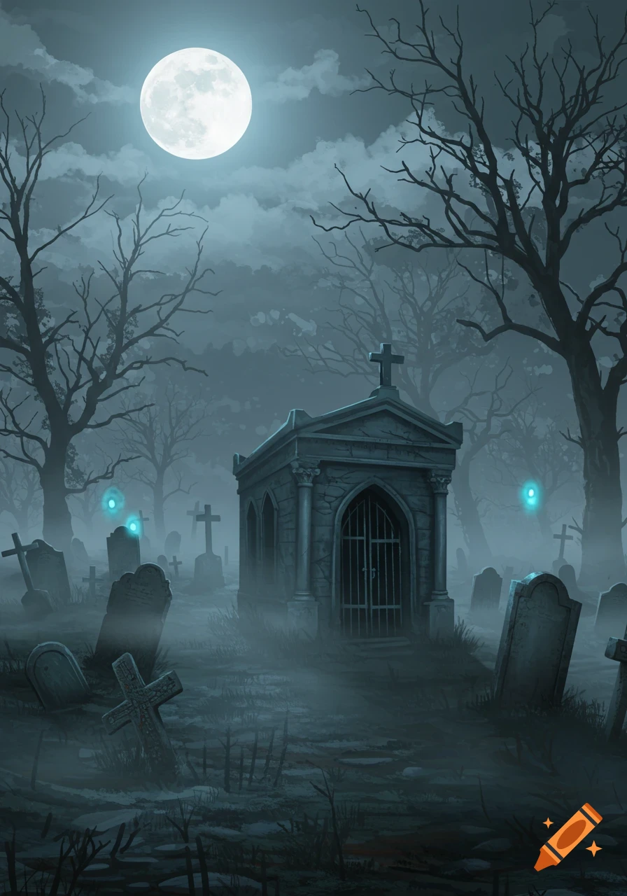 A spooky, misty graveyard at night with a full moon, a large mausoleum, gravestones, bare trees, and glowing blue orbs.