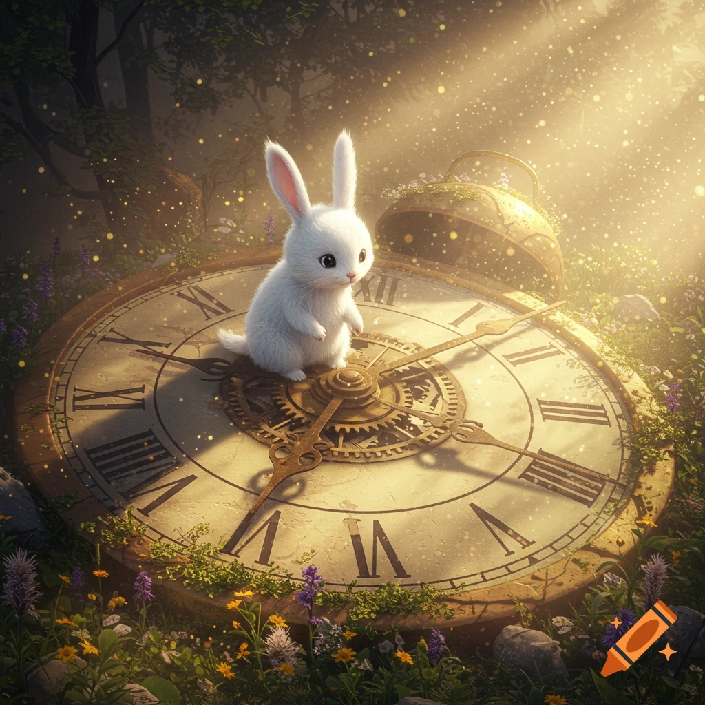 A fluffy white bunny sits on a giant antique clock in a magical forest, bathed in golden sunlight and glowing particles.