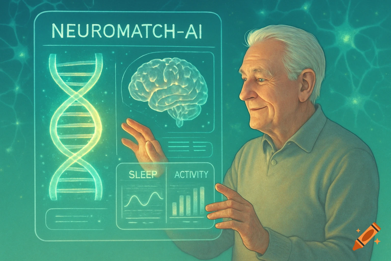 An elderly man interacts with a futuristic holographic interface displaying a DNA helix, a brain, and graphs for sleep and activity data.