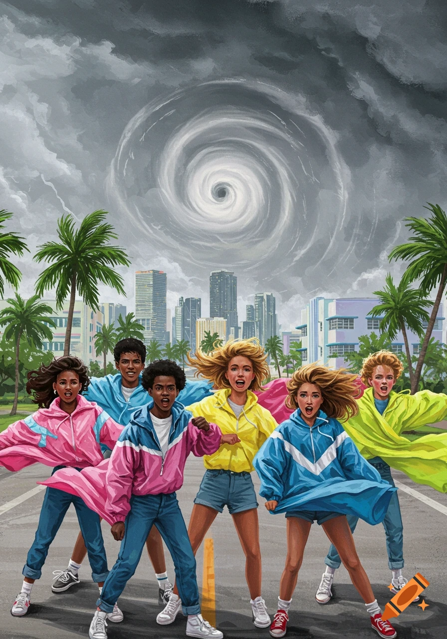 A diverse group of 1980s teens in colorful windbreakers pose dynamically in front of a Miami skyline with a hurricane swirling in the sky.