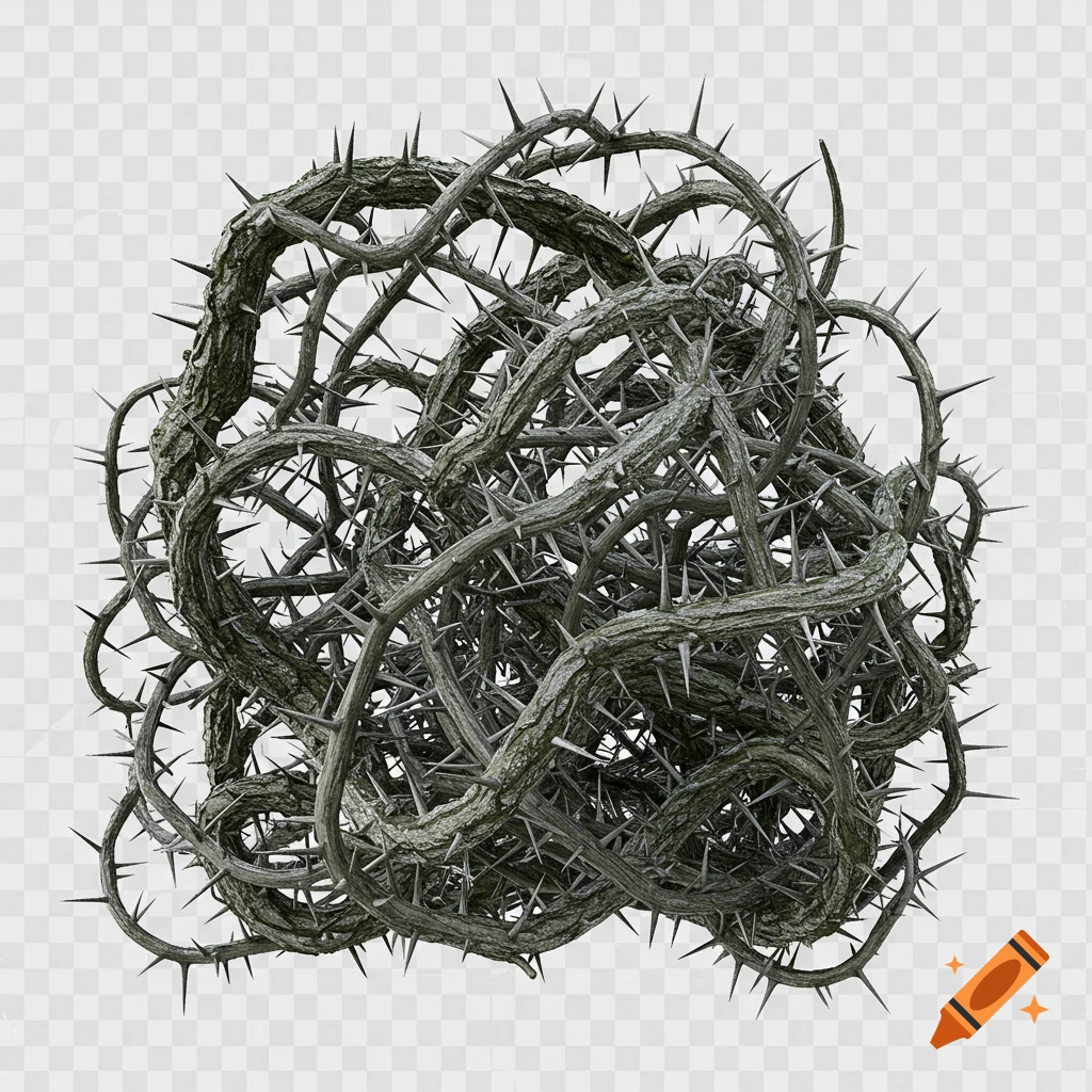 A dense, tangled ball of greyish-brown woody branches covered in sharp, dark thorns against a transparent background.