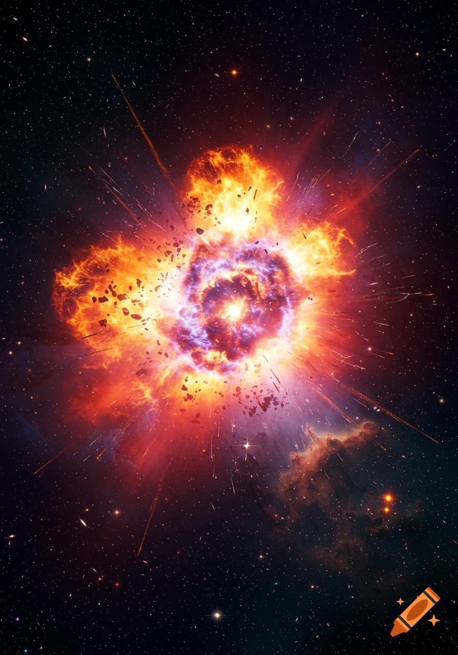 A vibrant supernova explosion in deep space, with bright orange and purple gases expanding outwards among countless stars.