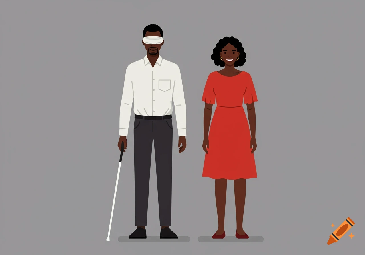 An illustration of a blind Black man with a white cane next to a smiling Black woman in a red dress against a gray background.