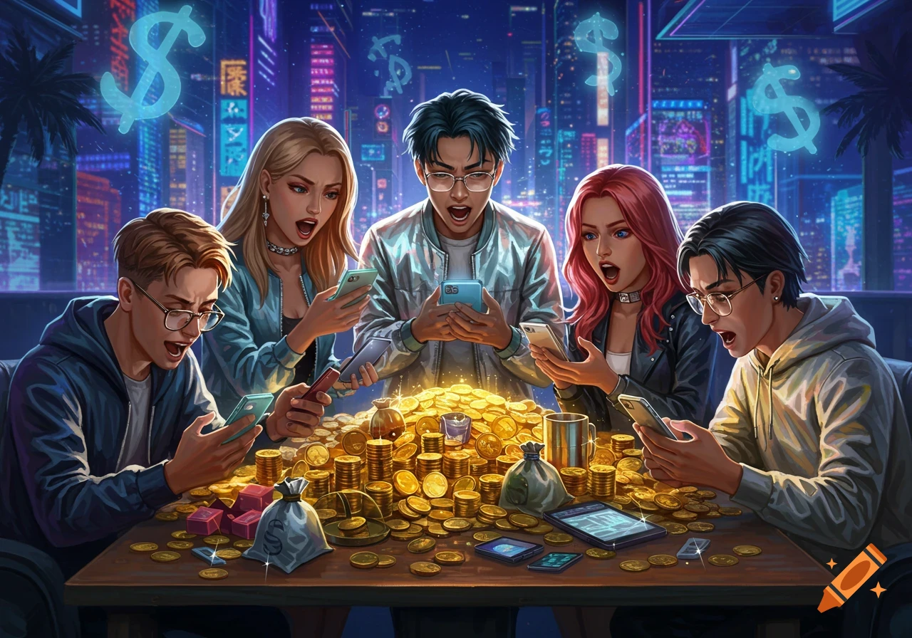 Five young people, two women and three men, look intently at their phones around a table covered in gold coins, against a neon city backdrop with floating dollar signs.