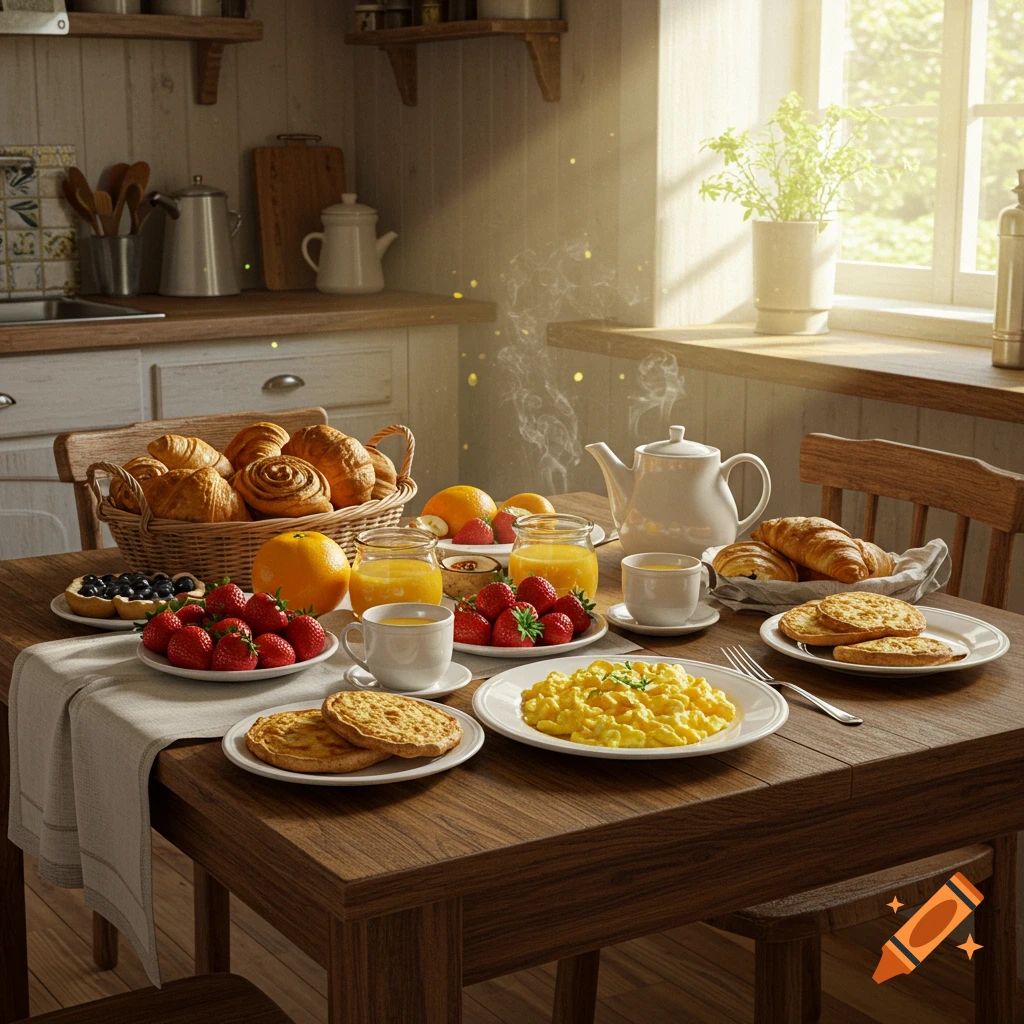 A photorealistic breakfast spread with croissants, scrambled eggs, fruit, and orange juice on a wooden table in a sunny kitchen.