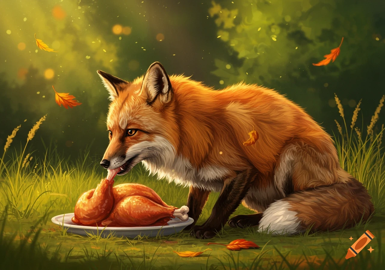 A vibrant orange fox with white markings licks a roasted chicken on a plate in an autumn forest with falling leaves.