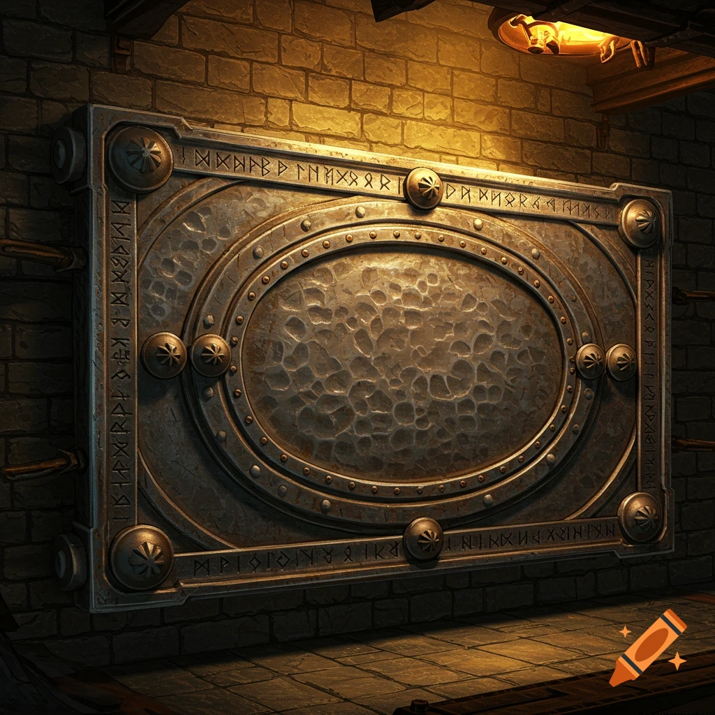 A medieval fantasy-style metal plate adorned with runic carvings and bolts, illuminated by warm light in a stone chamber.