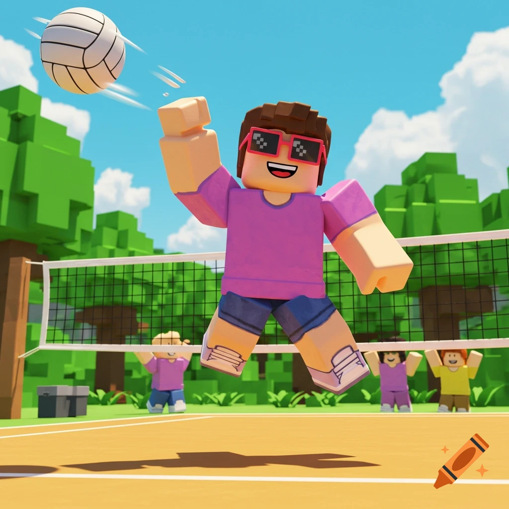 A Roblox-style character jumps to spike a volleyball over the net on an outdoor court, with other blocky characters in the background.