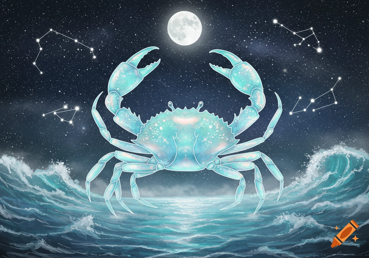 A stylized, glowing blue crab rises from ocean waves under a full moon and a dark, starry night sky with constellations.