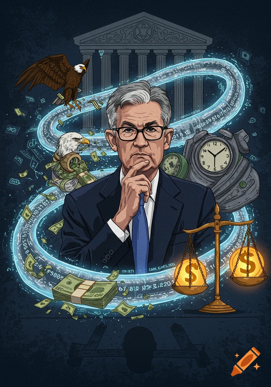 Illustration of Jerome Powell surrounded by money, eagles, clocks, scales, and a stylized building, symbolizing economics and finance.