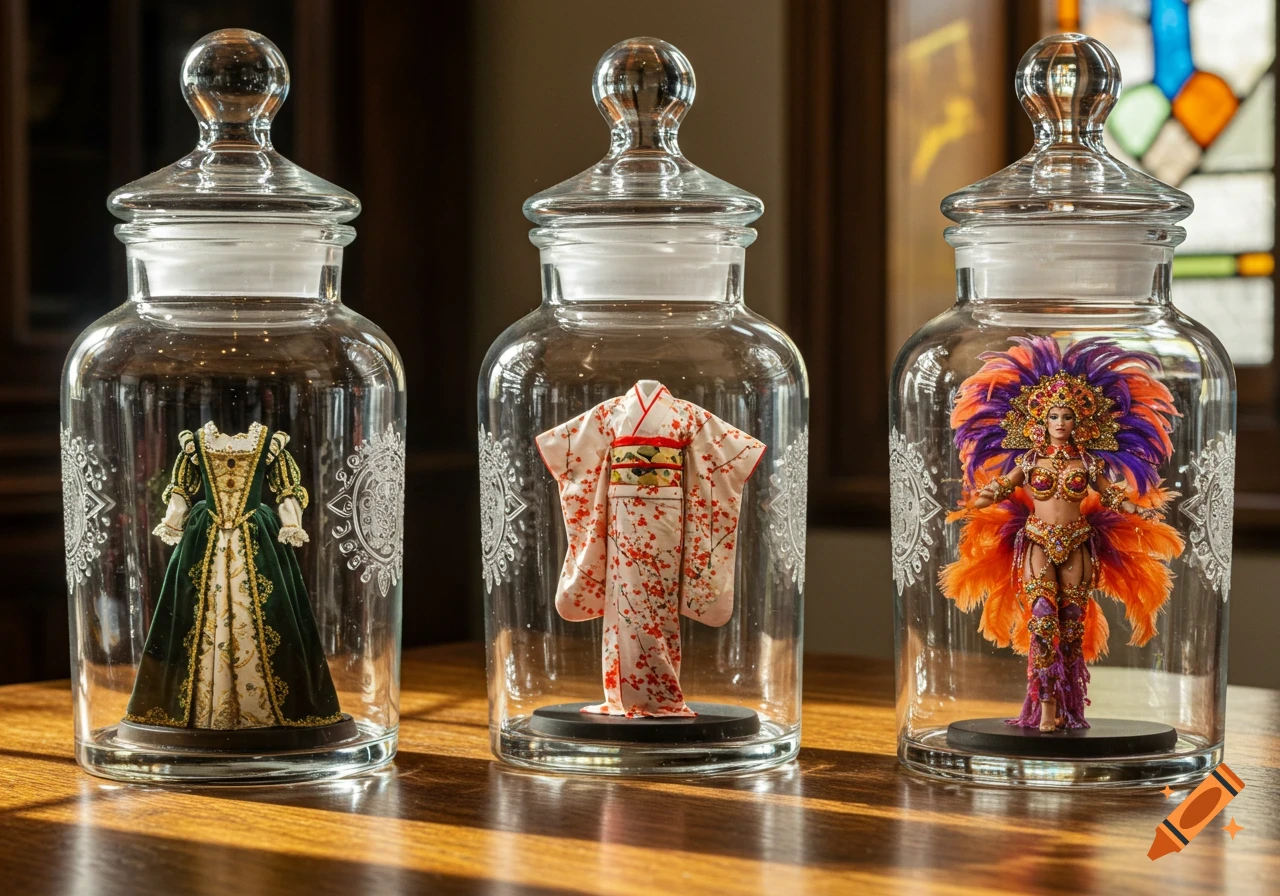 Three glass jars, each containing a miniature costume: a green historical gown, a white kimono, and a vibrant carnival dancer figurine, on a wooden table.