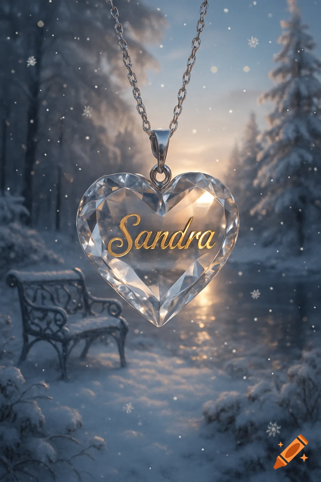 A sparkling diamond heart pendant engraved with 'Sandra' hanging in a romantic snowy winter landscape with falling snowflakes.