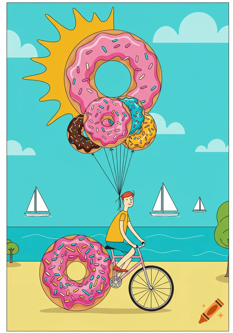 Graphic illustration of a person riding a bicycle with a donut wheel, holding donut balloons, under a donut sun on a beach with sailboats.