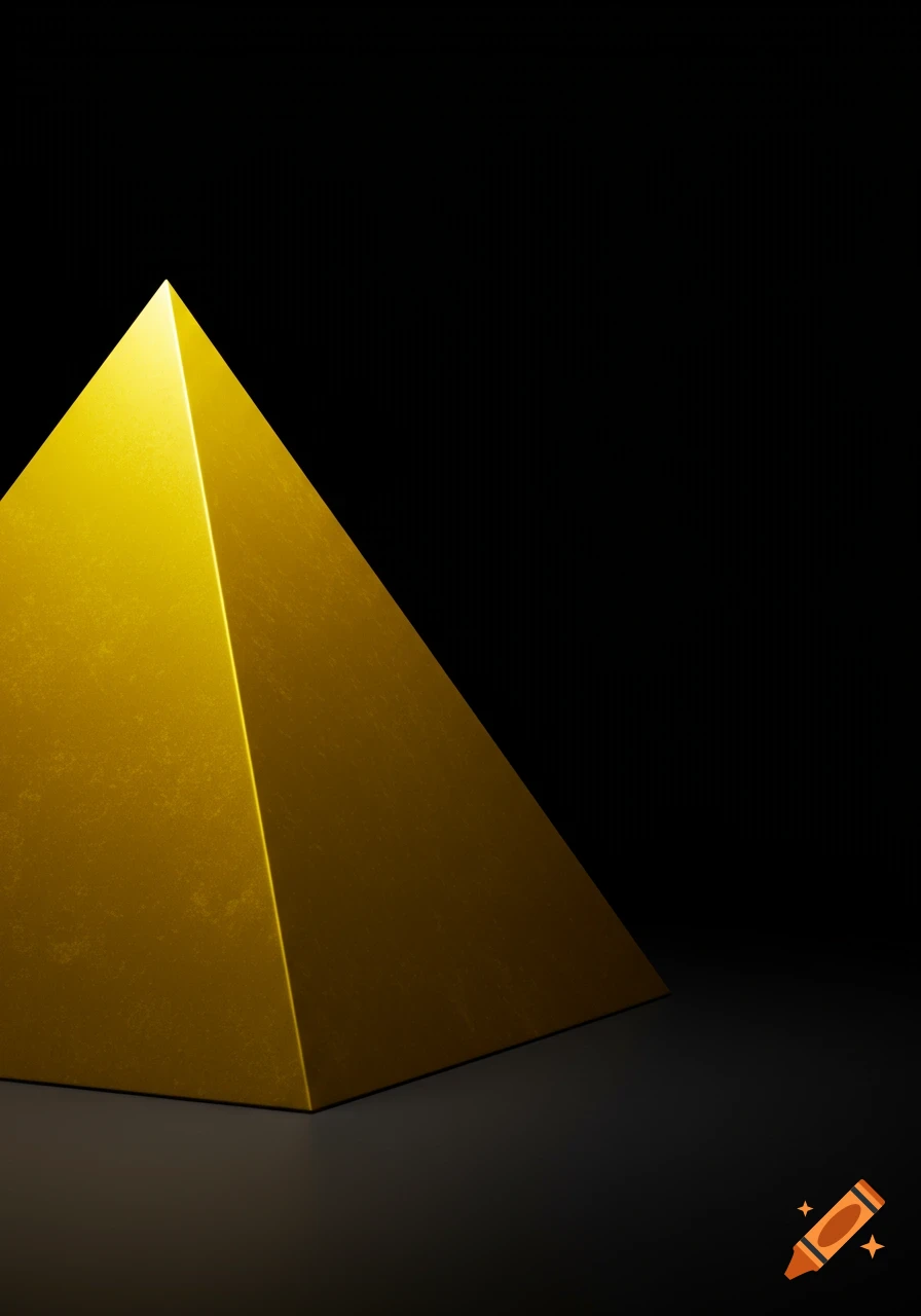 A golden pyramid on a dark surface against a black background, lit from above.