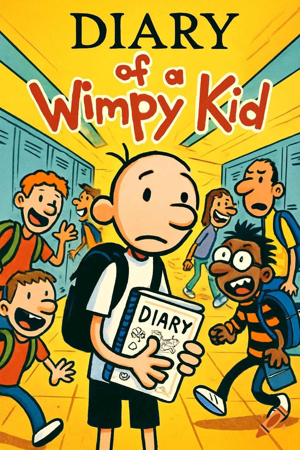 Cartoon book cover for Diary of a Wimpy Kid, showing a worried Greg Heffley holding a diary in a school hallway surrounded by laughing kids.