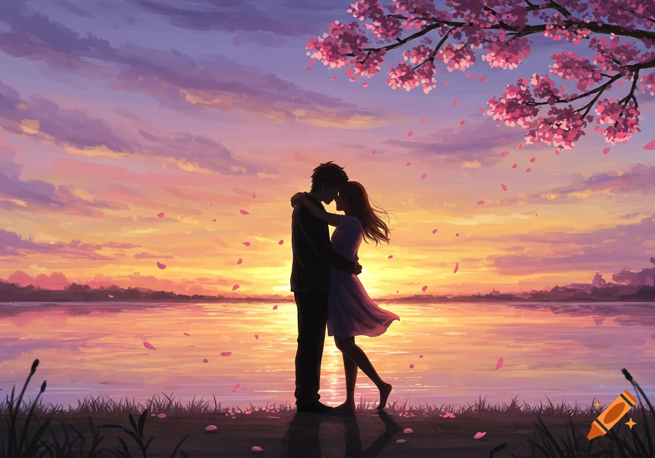 An anime couple embracing by a lake at sunset, under a cherry blossom ...
