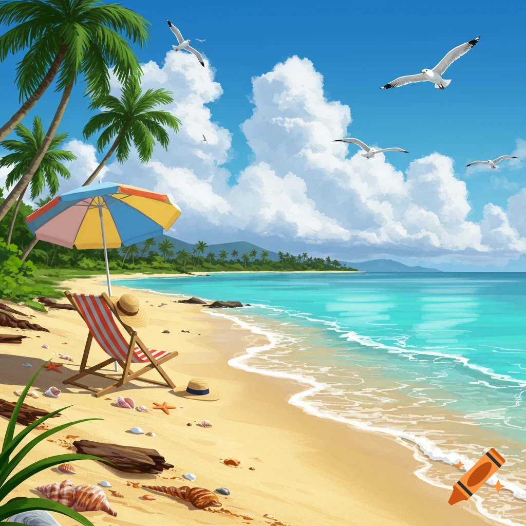 Vibrant illustration of a tropical beach with palm trees, a colorful umbrella, striped chair, and seagulls flying over turquoise water.