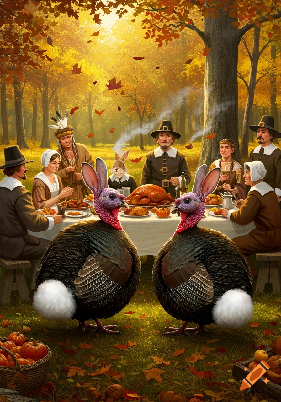 A large Thanksgiving feast scene in an autumn forest with Pilgrims and Native Americans. Two turkeys with rabbit ears stand in the foreground.