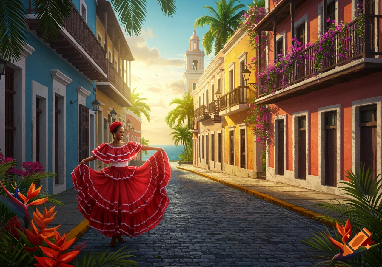 A woman in a red traditional dress dances on a vibrant cobblestone street with colorful buildings, palm trees, and ocean in a tropical setting.
