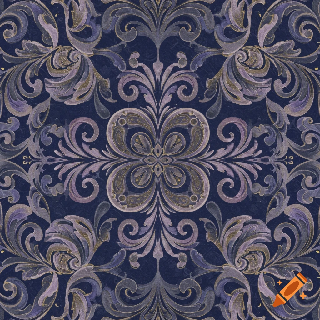 A seamless ornamental pattern featuring intricate purple and gold scrollwork against a dark blue background.