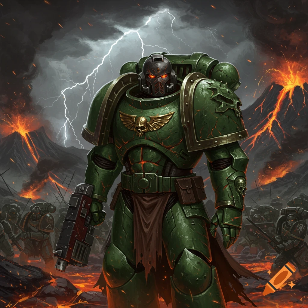A green armored Space Marine stands on a lava field with erupting volcanoes and lightning. Other Space Marines are visible in the background.