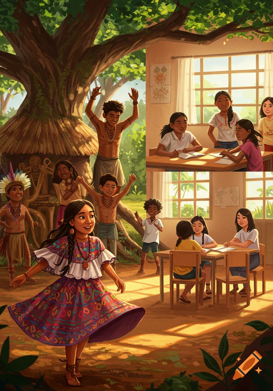 Vibrant illustration of indigenous children celebrating outdoors and other children studying in a sunlit classroom.