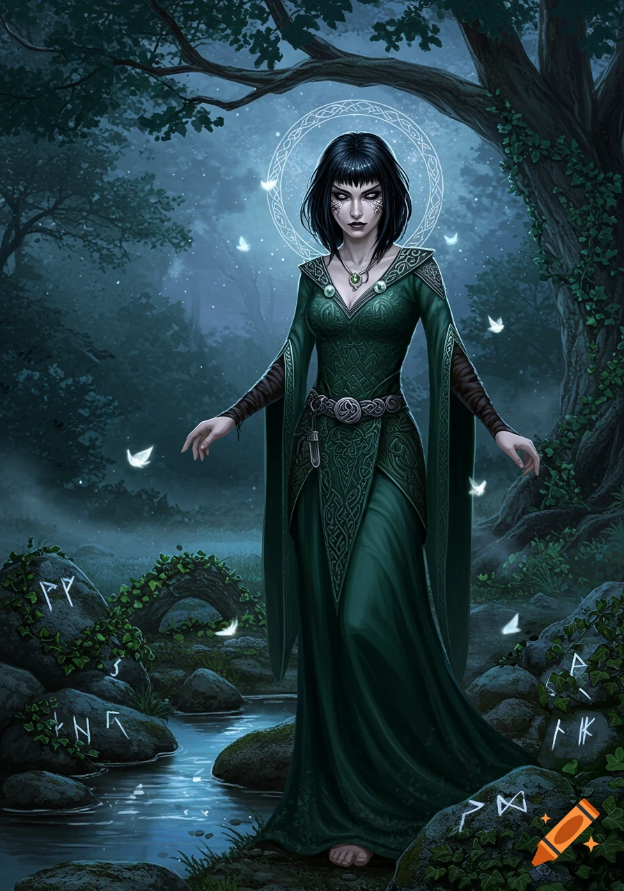 A mystical dark-haired woman in a green Celtic dress stands barefoot in a moonlit forest stream, surrounded by glowing butterflies and runic stones.