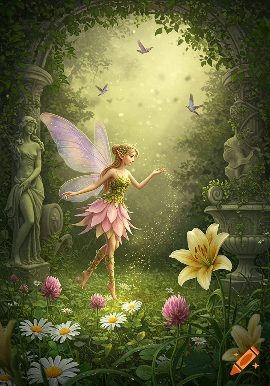 A graceful fairy with glowing wings drops sparkling dust from her hand in a lush, ethereal garden filled with colorful flowers, ancient stone statues, and birds flying in a sunlit archway.
