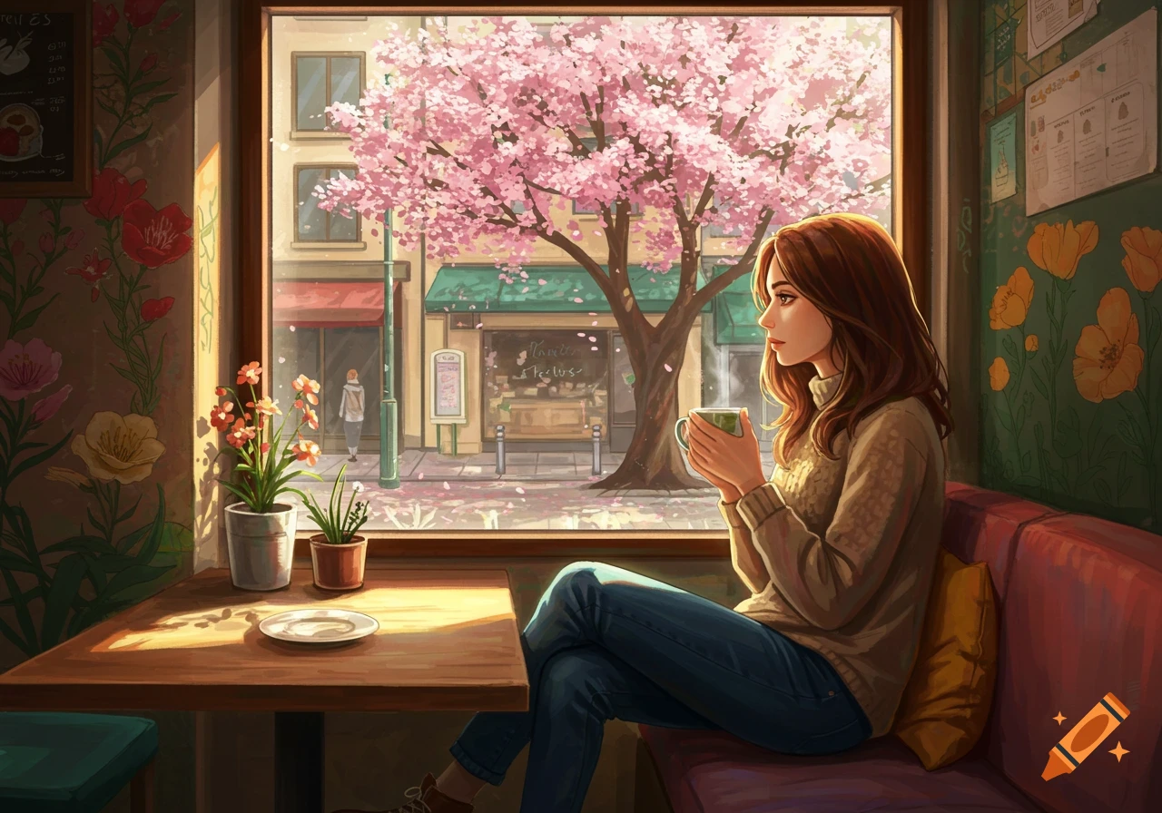An anime-style illustration of a pensive woman sitting in a cafe, looking out a window at a blooming cherry blossom tree.