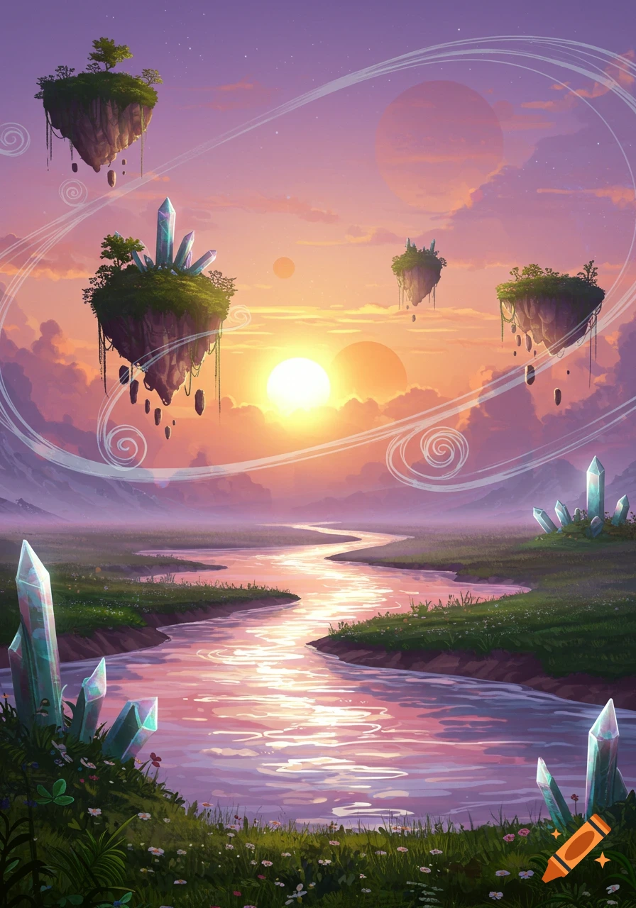 Vibrant fantasy landscape with floating islands, a winding river reflecting a sunset, and large crystals on grassy banks under a purple-orange sky.