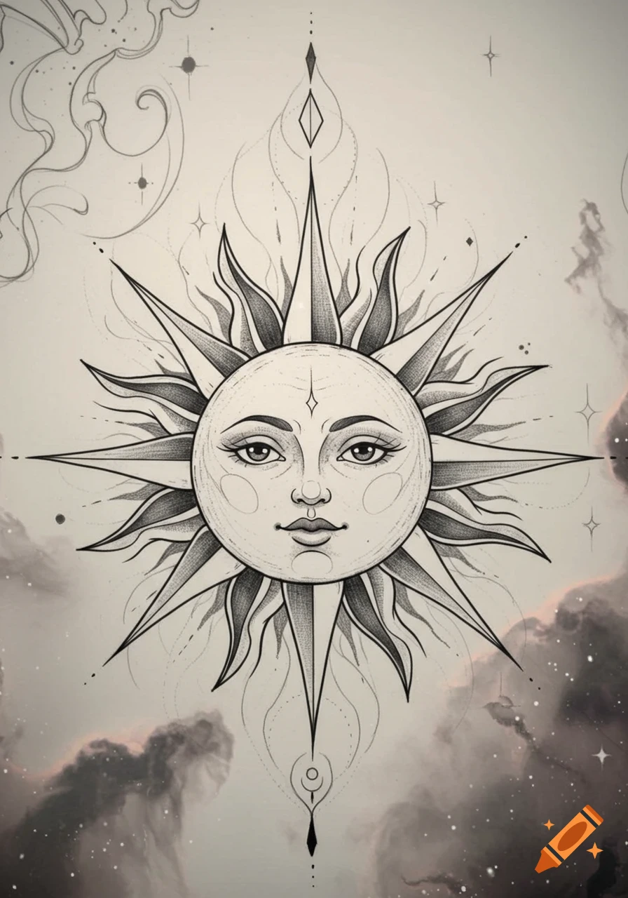 Detailed black and white celestial tattoo sketch of a stylized sun with a human-like face, surrounded by pointed rays and stars.